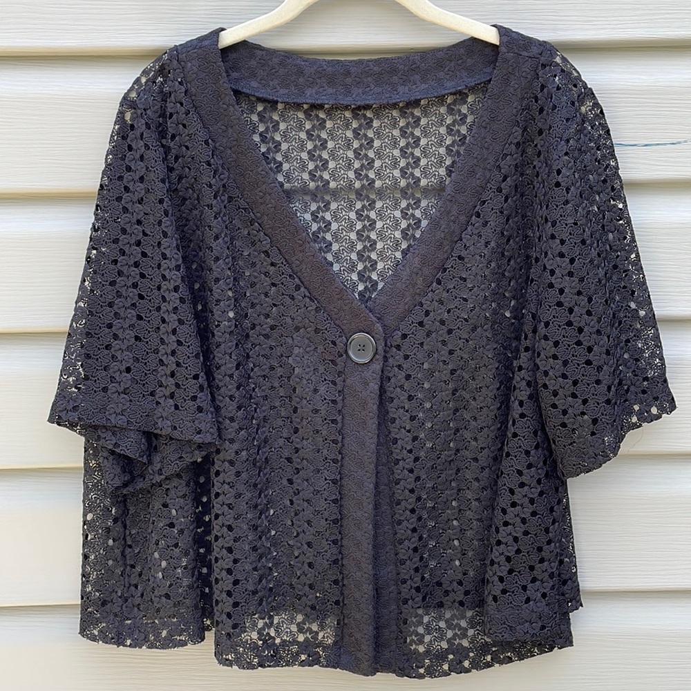 Avenue Black Openwork Lace V-Neck Button Front Top